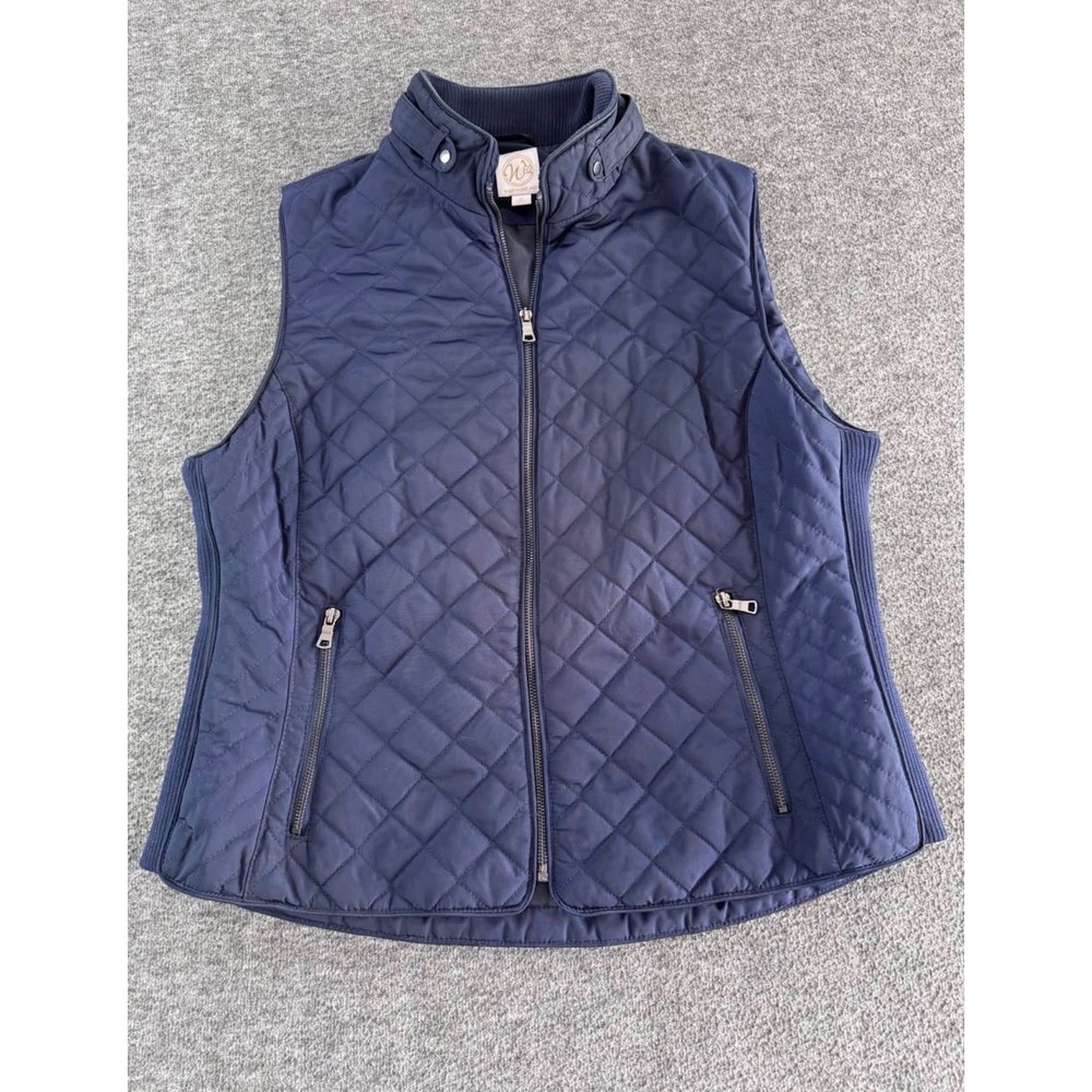 Westport 1962 Womens XL Navy Blue Quilted Zip Up‎ Vest Mock Neck Ribbed Sides